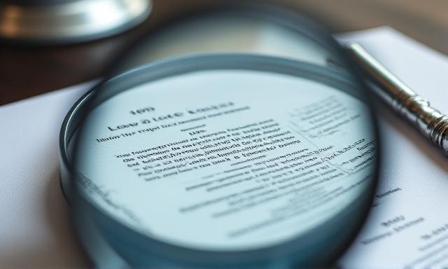Close up of a legal contract with a magnifying glass