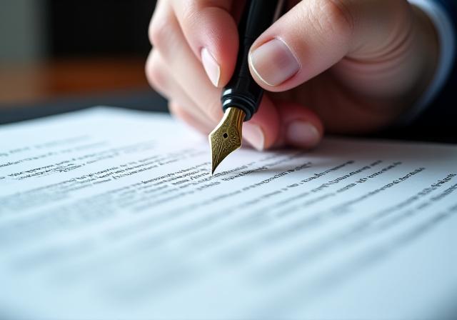 Close up of a legal document with a professional using a fountain pen to highlight clauses
